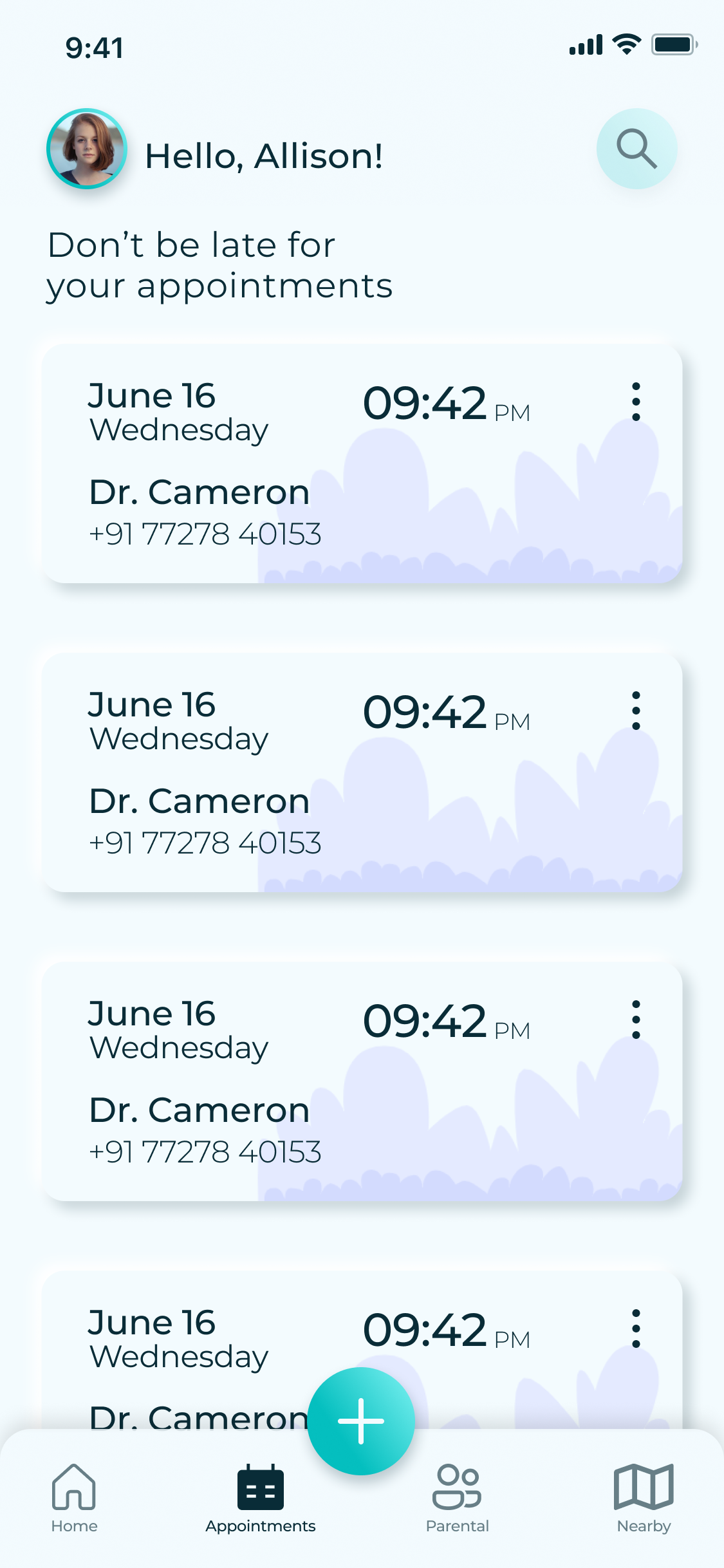 Appointments: Don't be late for your appointments. Cards with date, time, the doctor and the clinic's number
