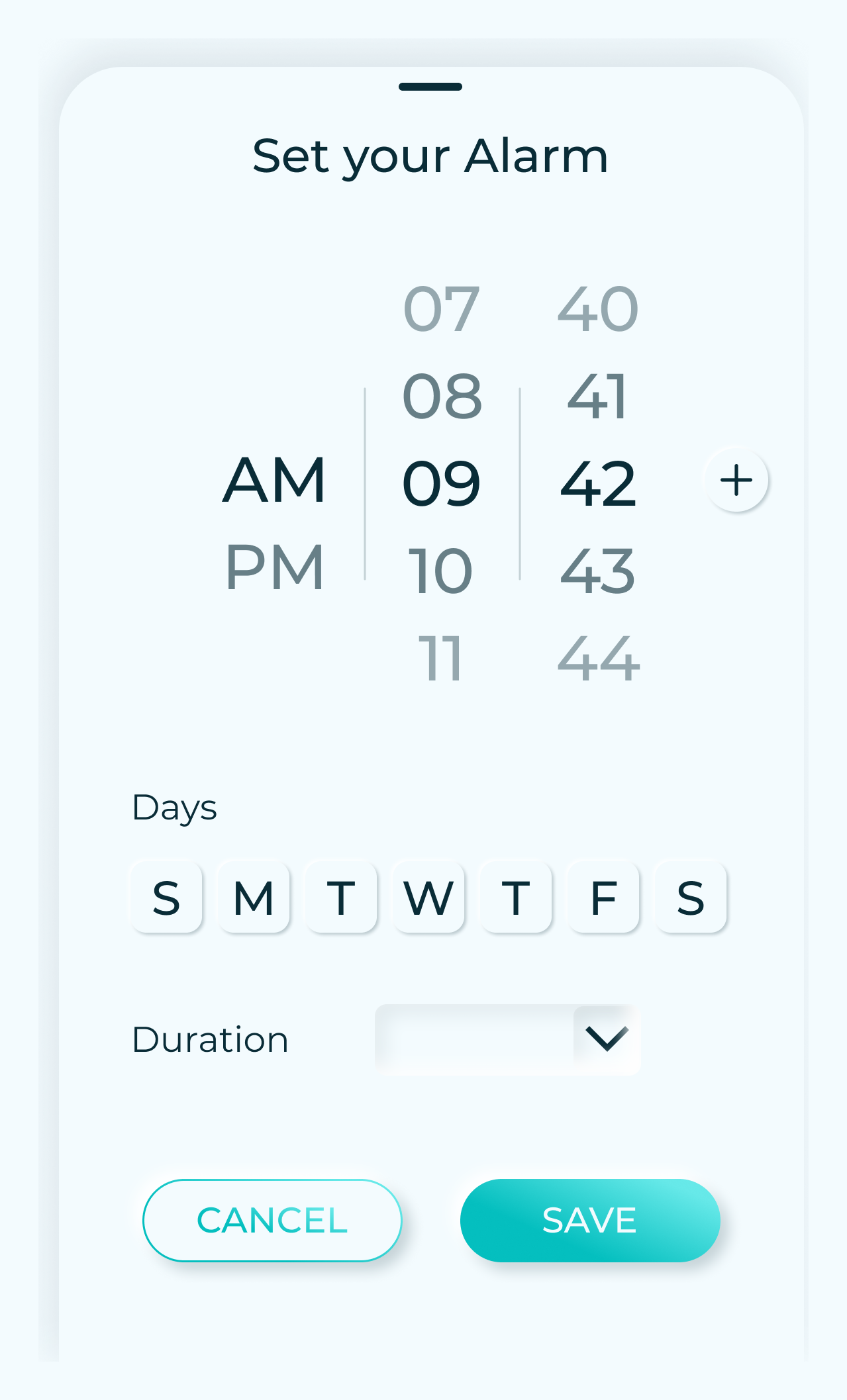 Set your alarm sheet: an hour and minute wheel with AM and PM, day chips from S to S, a duration dropdown, and Cancel and Save