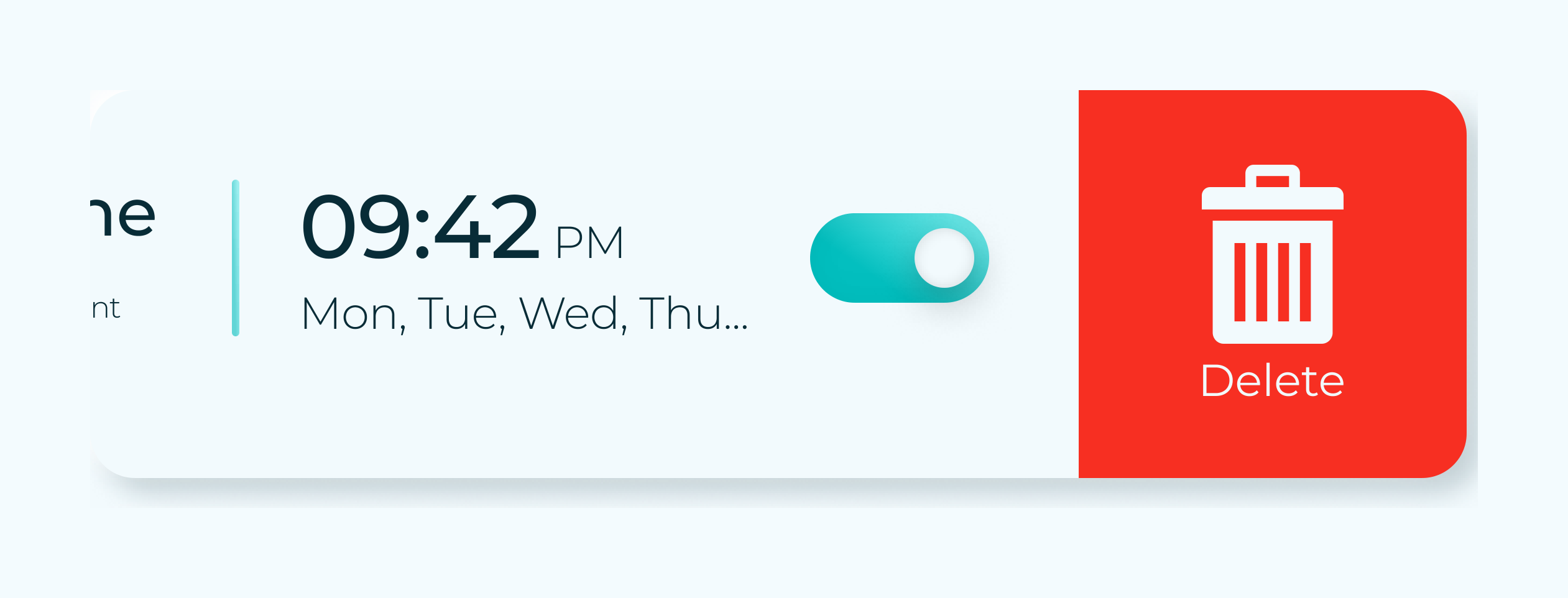 The same card swiped left, revealing a red Delete action with a bin icon beside its toggle
