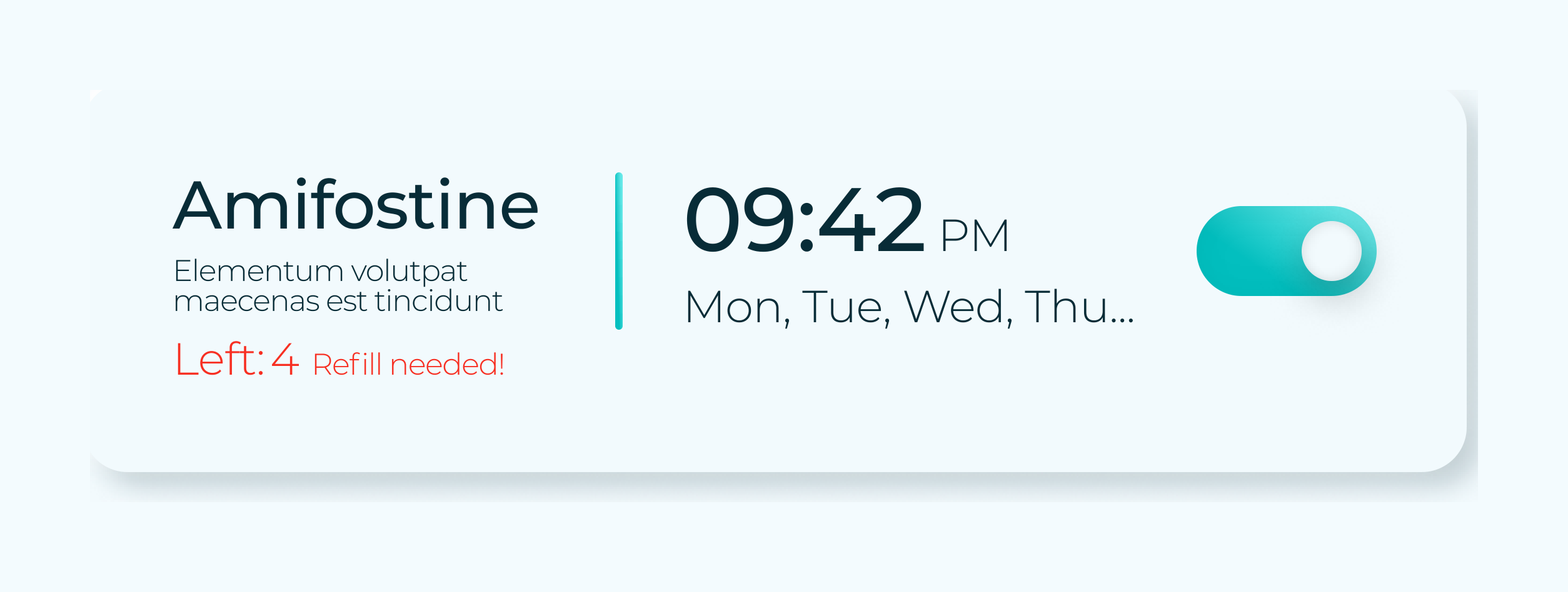 A medicine card: Amifostine at 09:42 PM, Monday to Thursday, with Left: 4 and Refill needed in red under the name