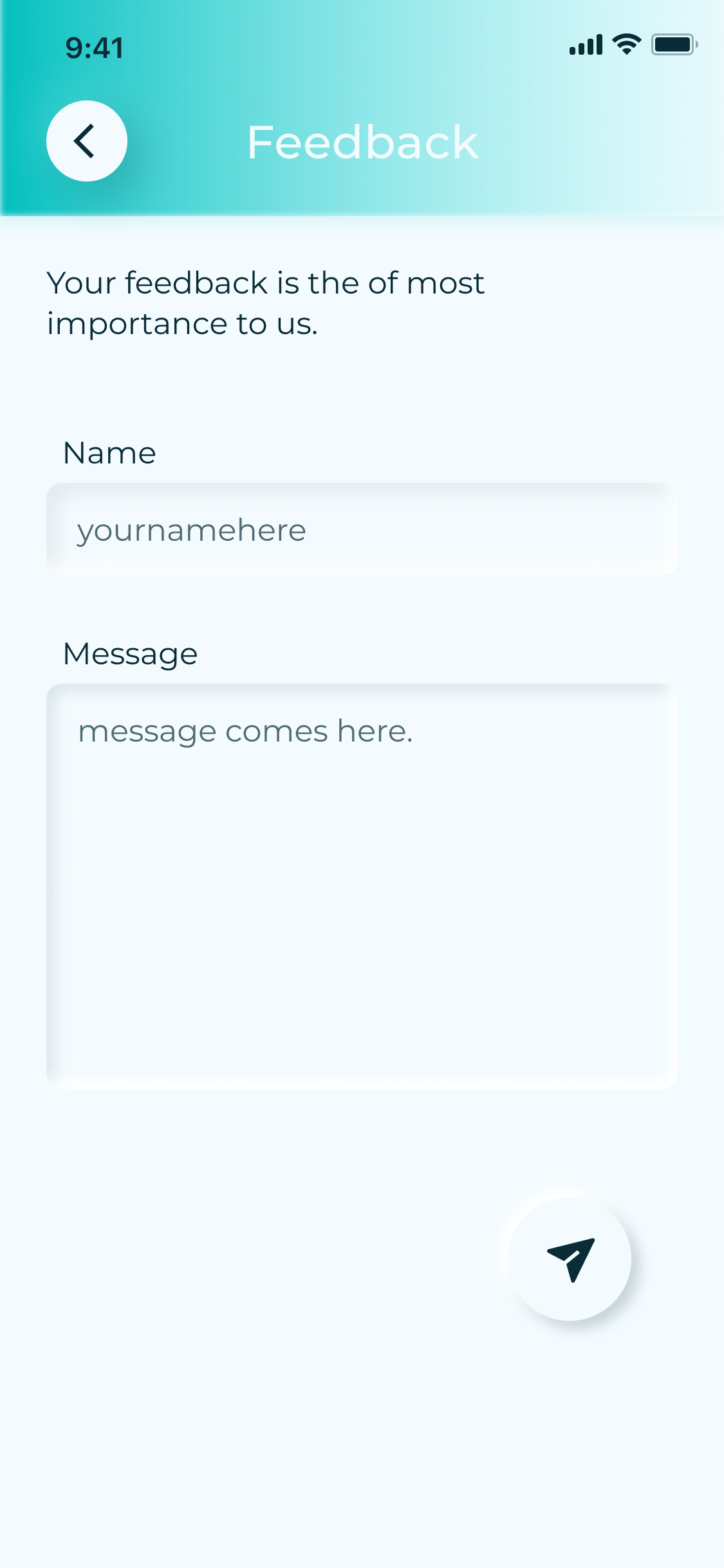 Feedback: name and message fields with a send button