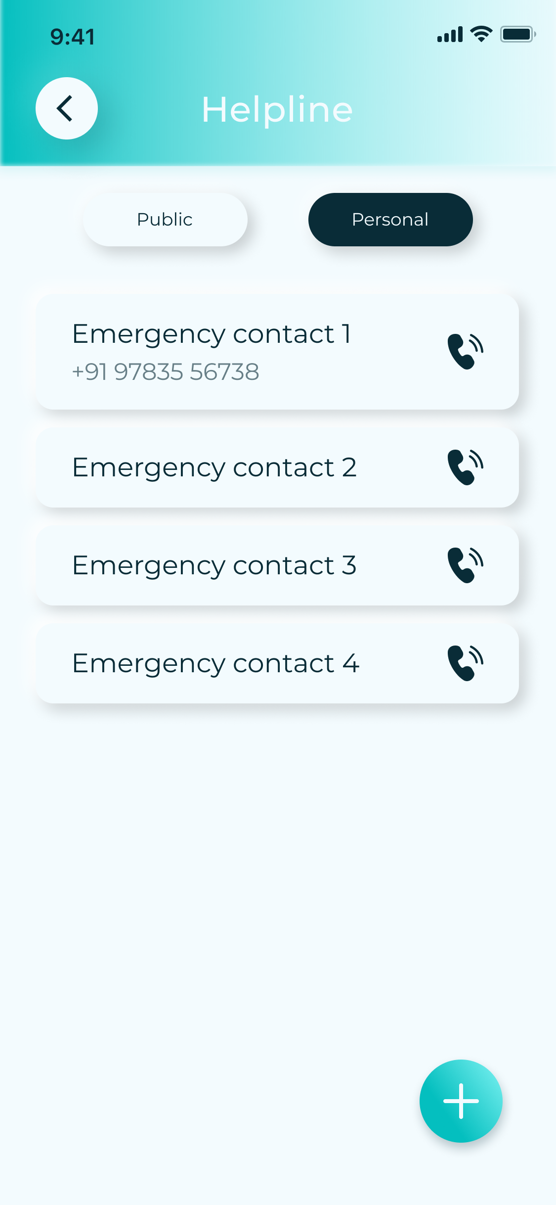 Helpline: public and personal tabs; personal emergency contacts, each with a call button