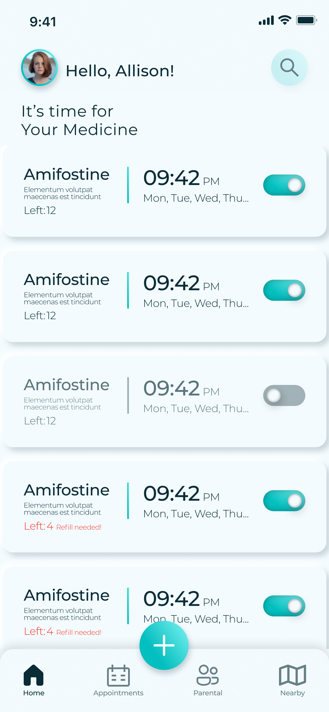 Remedi home: Hello, Allison, it's time for your medicine, with medicine cards showing dose time, days, stock left and an on/off toggle