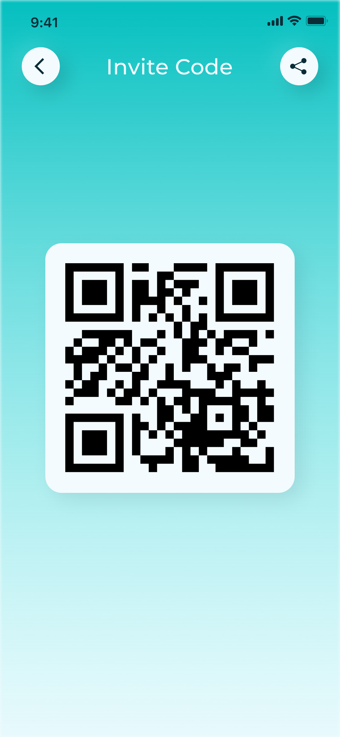 Invite code: a QR code to pair a loved one, with a share button