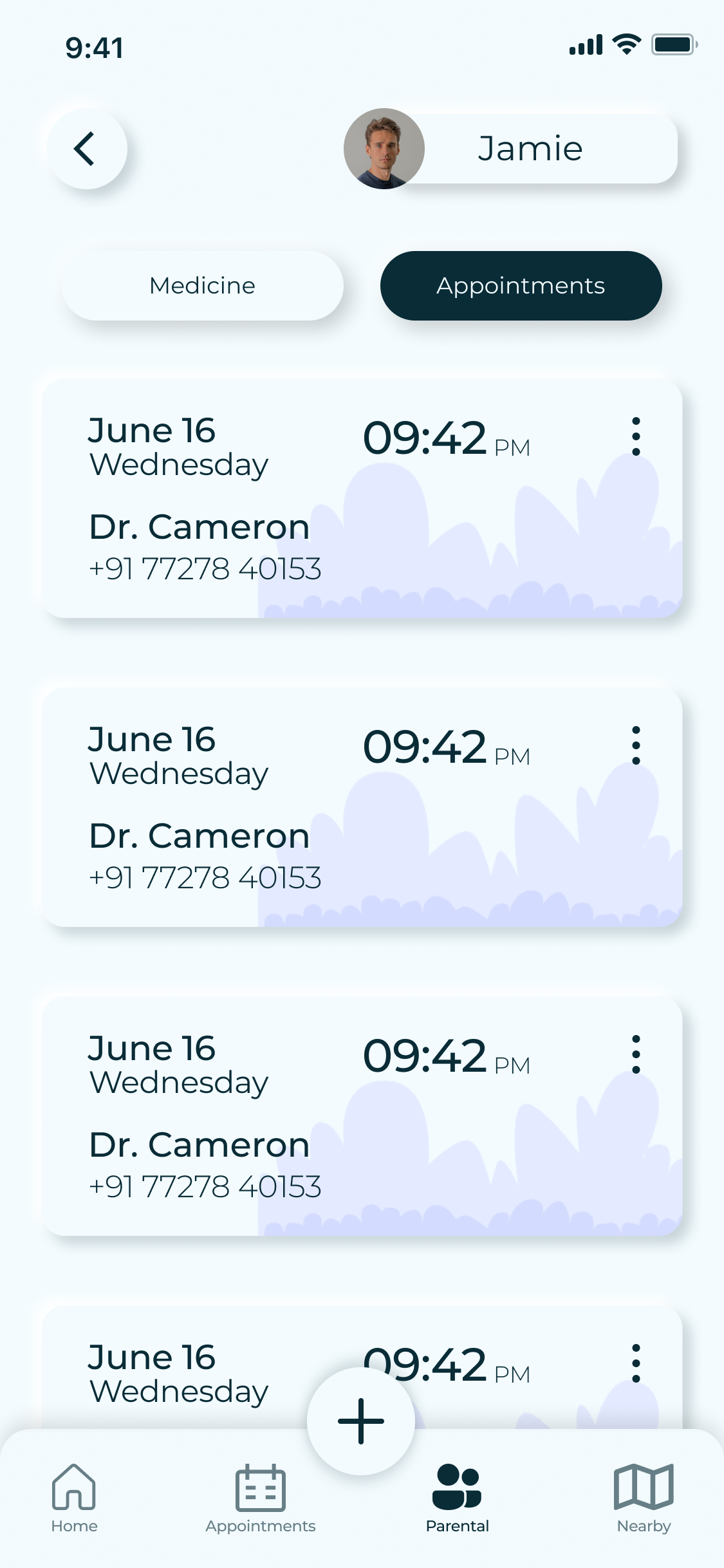 Jamie's appointments, the second tab of the same screen: dated cards with the doctor and the clinic's number