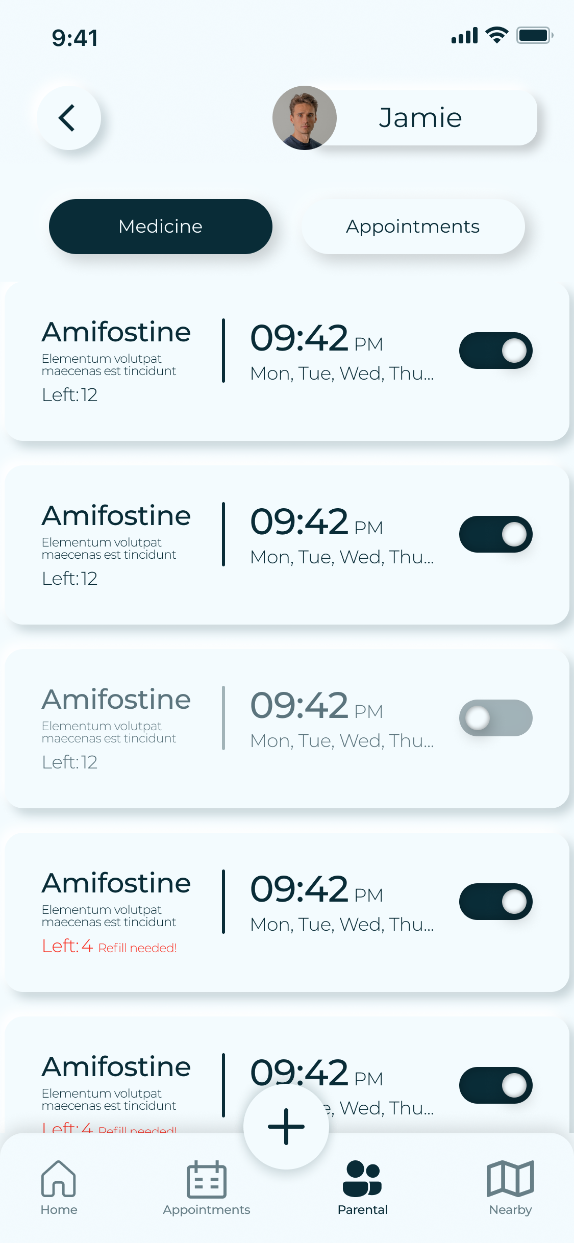 Jamie's medicines as the caregiver sees them: five cards with times, days and dark toggles; one paused, two showing Left: 4, Refill needed