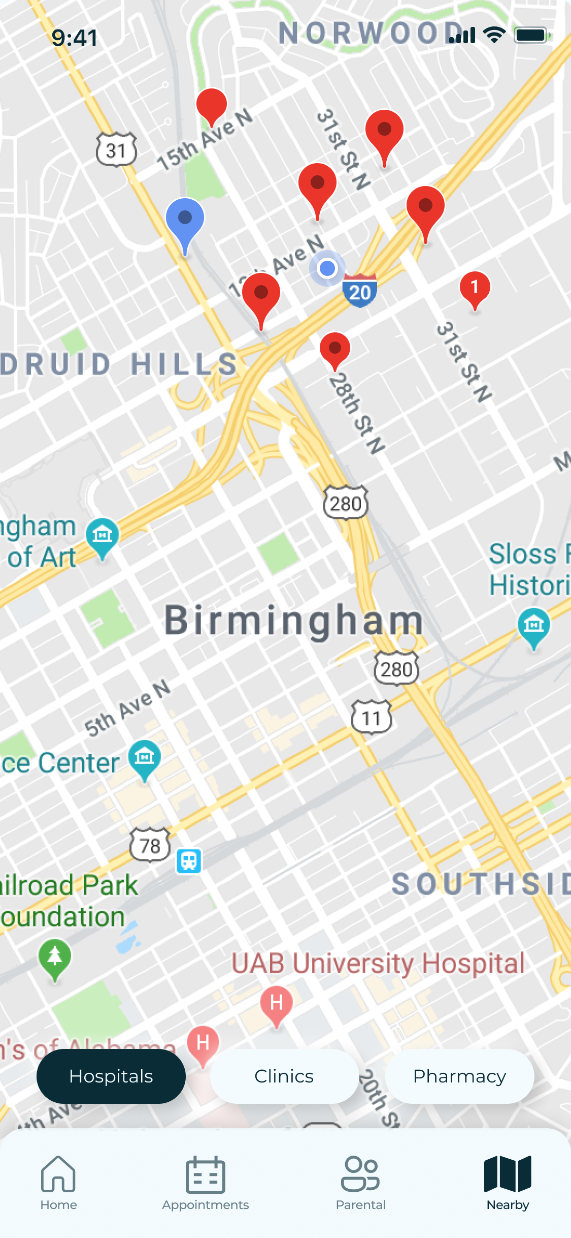 Nearby: a map of hospitals, clinics and pharmacies with filter chips for each