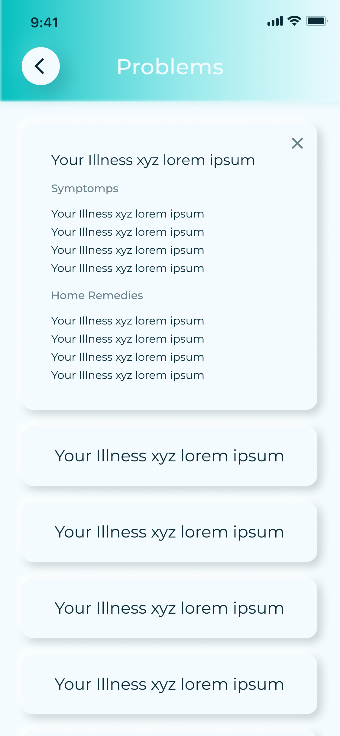 Problems: a list of illnesses; one expanded with symptoms and home remedies
