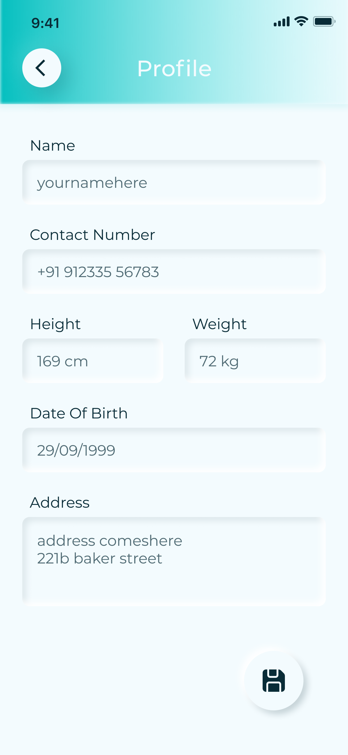 Profile: name, contact number, height, weight, date of birth and address fields, with a save button