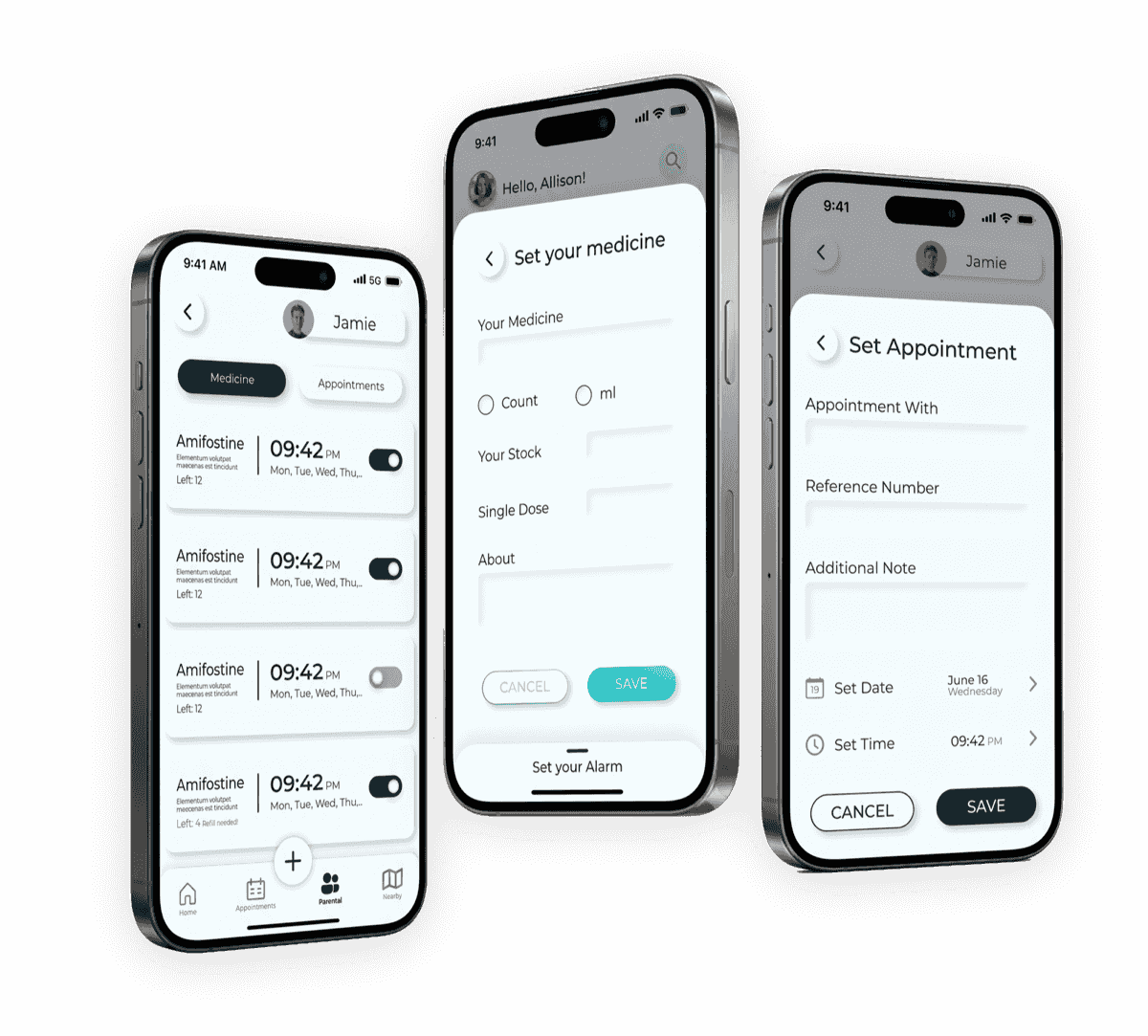 Remedi core screens: the set-alarm sheet, the reminders list, and the parental view