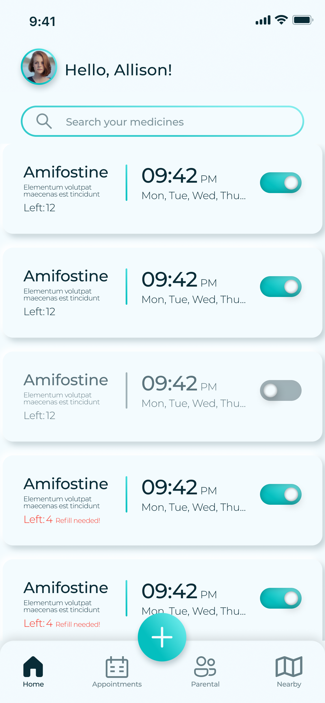 Search on Home: a search field above the medicine cards