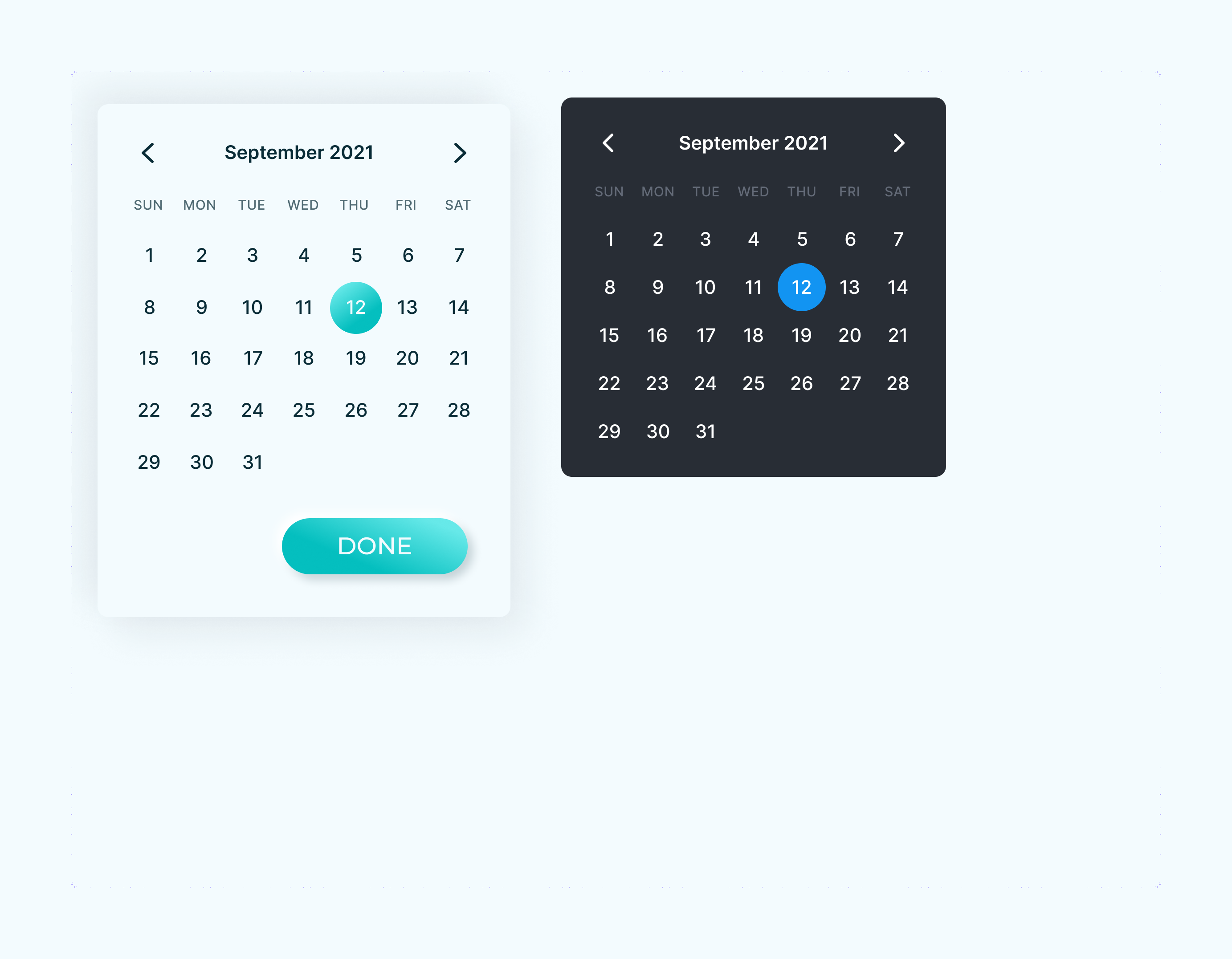 Date pickers for September 2021 in light and dark, with the selected day in teal and a Done button