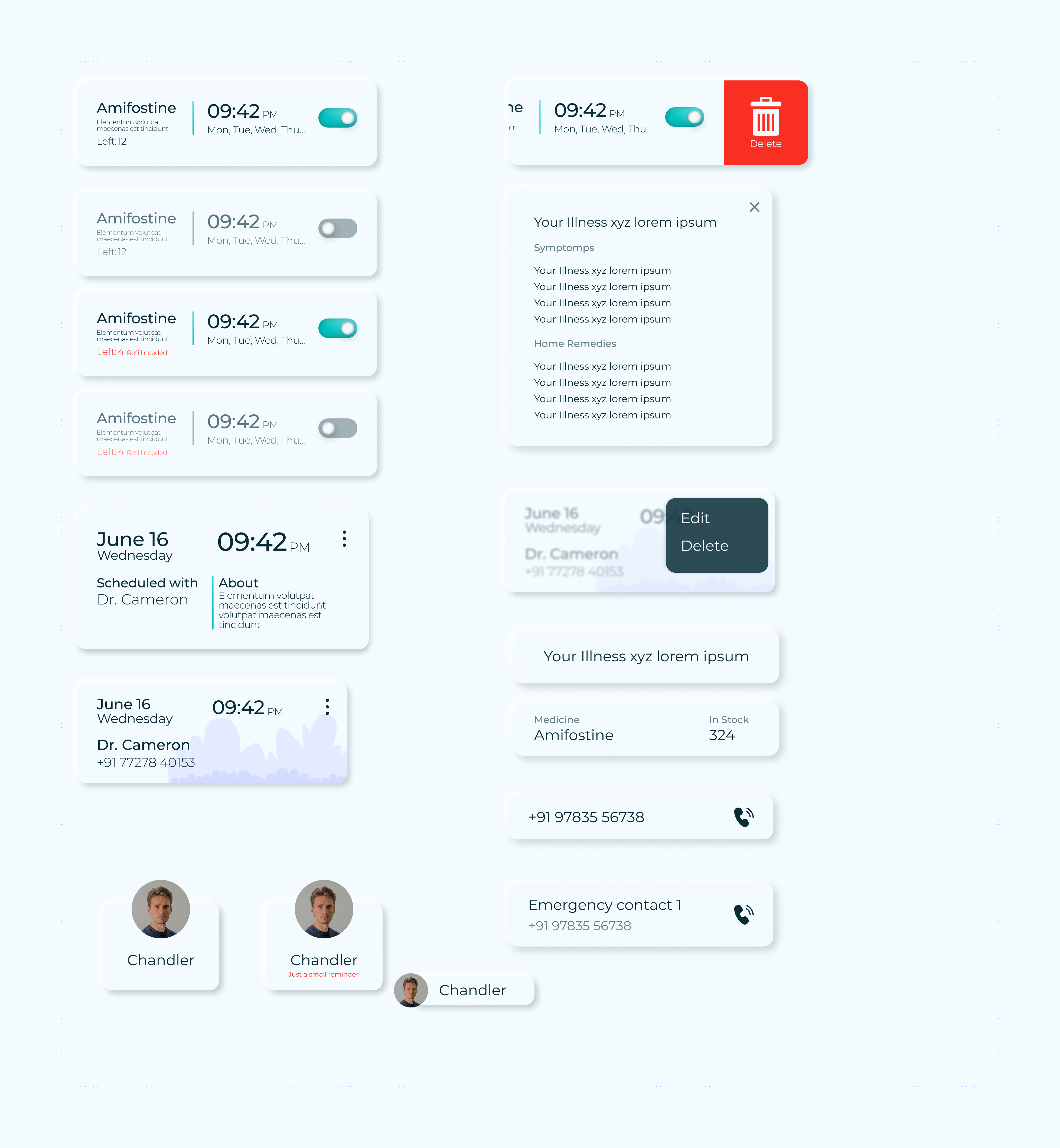 Card components: medicine cards on, paused and warning, appointment cards, an expanded illness card, edit and delete actions, contact rows and people chips