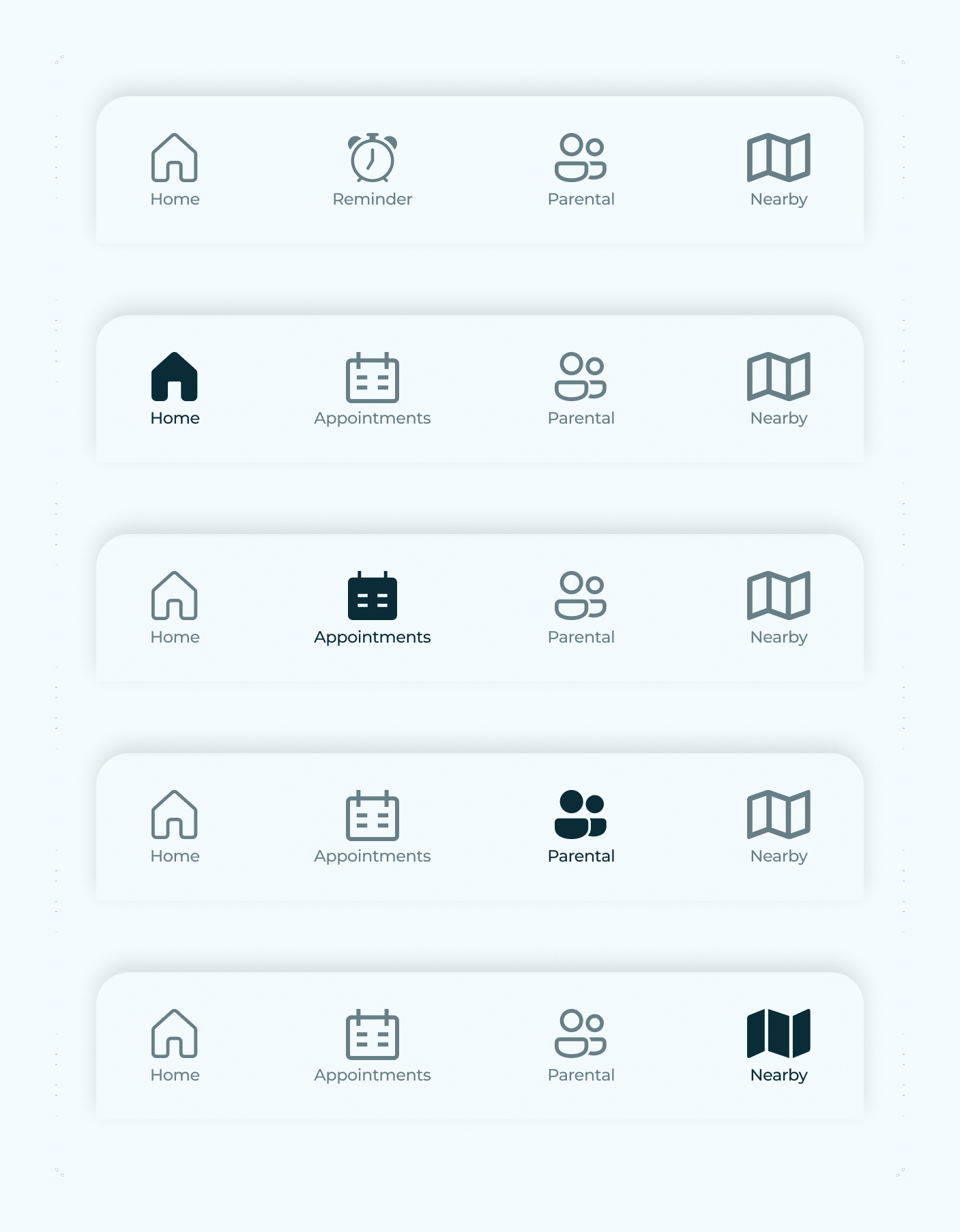 The bottom navigation in five states: one with each of Home, Appointments, Parental and Nearby selected, and an earlier variant with Reminder