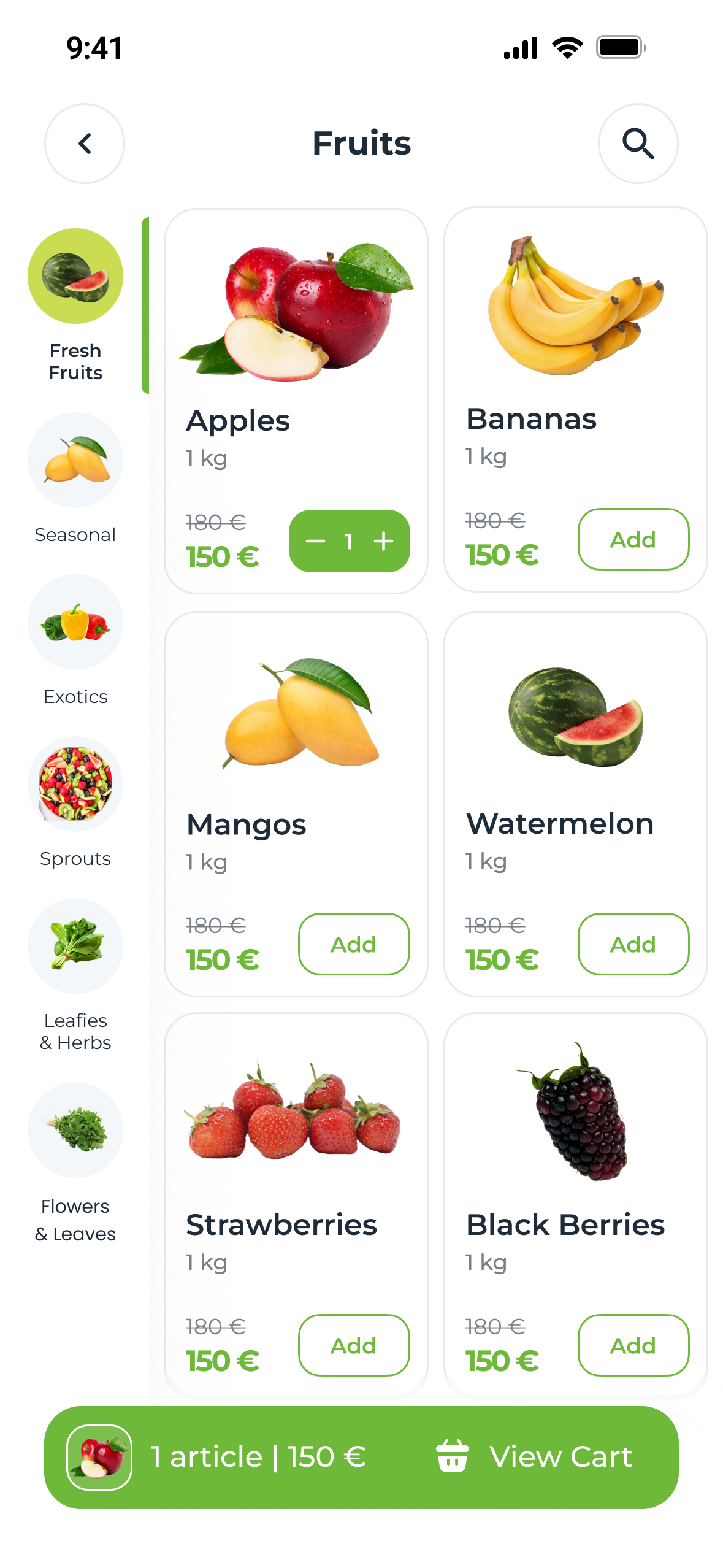 The Fruits aisle: a left rail of sub-categories with photo icons, products in two columns, Apples added with a stepper, and a green cart bar reading 1 article, 150 euros, View Cart
