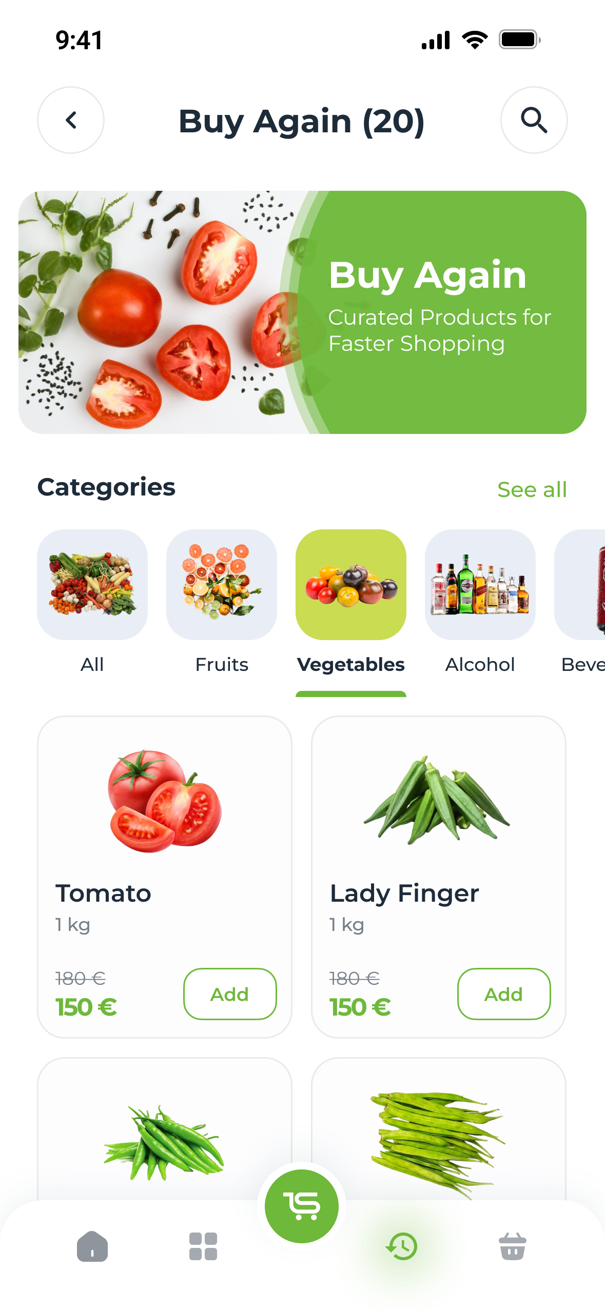 Buy Again (20): a banner, category filters and the products ordered before, each with Add