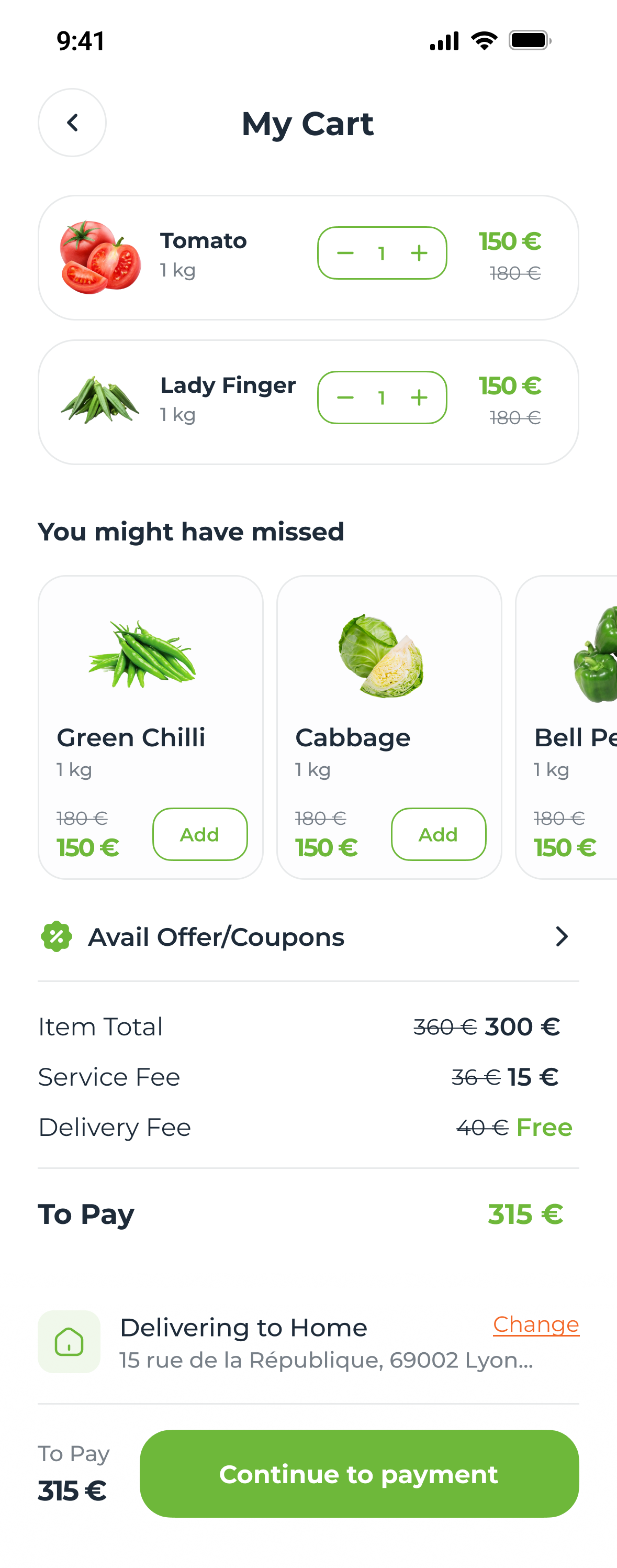 The whole English cart: items, You might have missed, offers, bill details and the payment bar