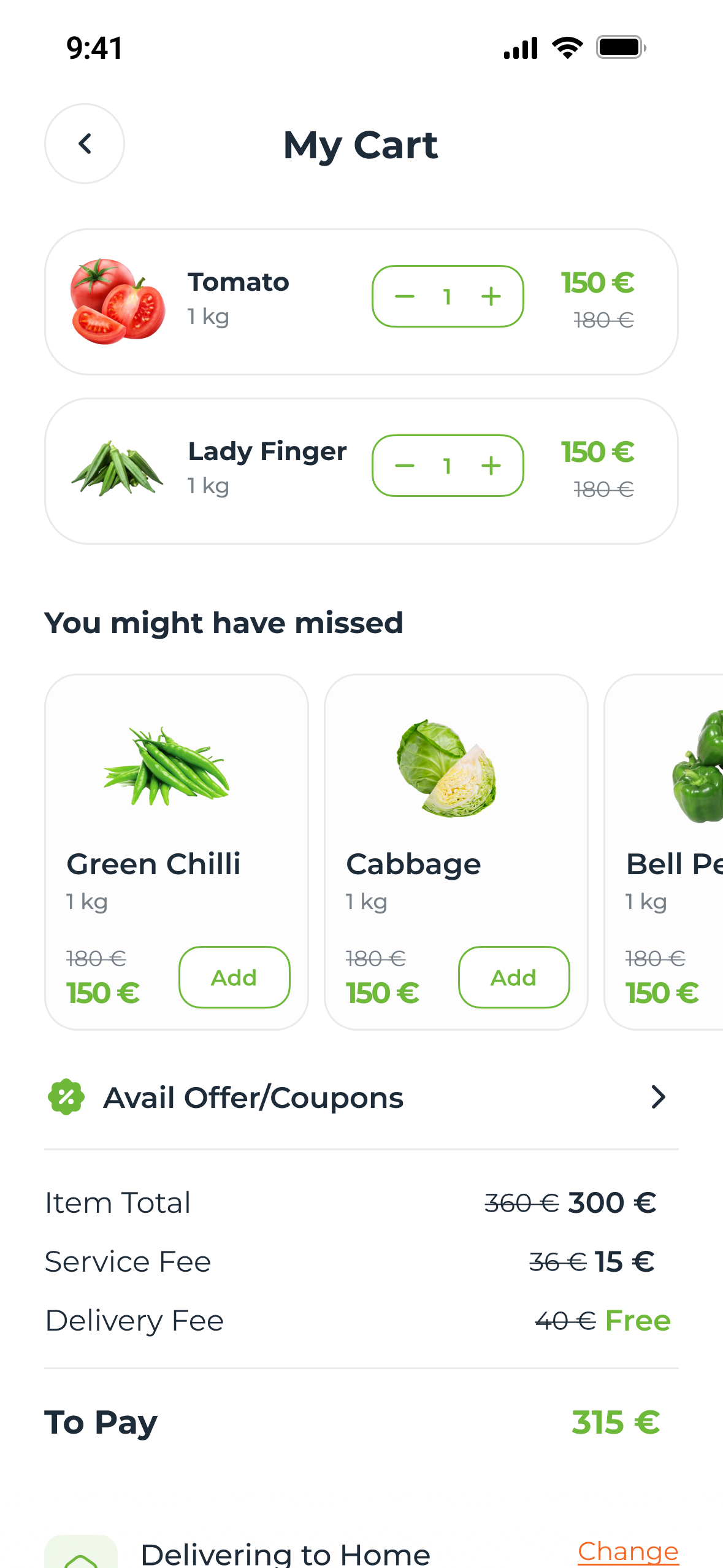 My Cart: two items with quantity steppers, struck-through original prices, suggestions under You might have missed, and a fixed bar with the delivery address and Continue to payment