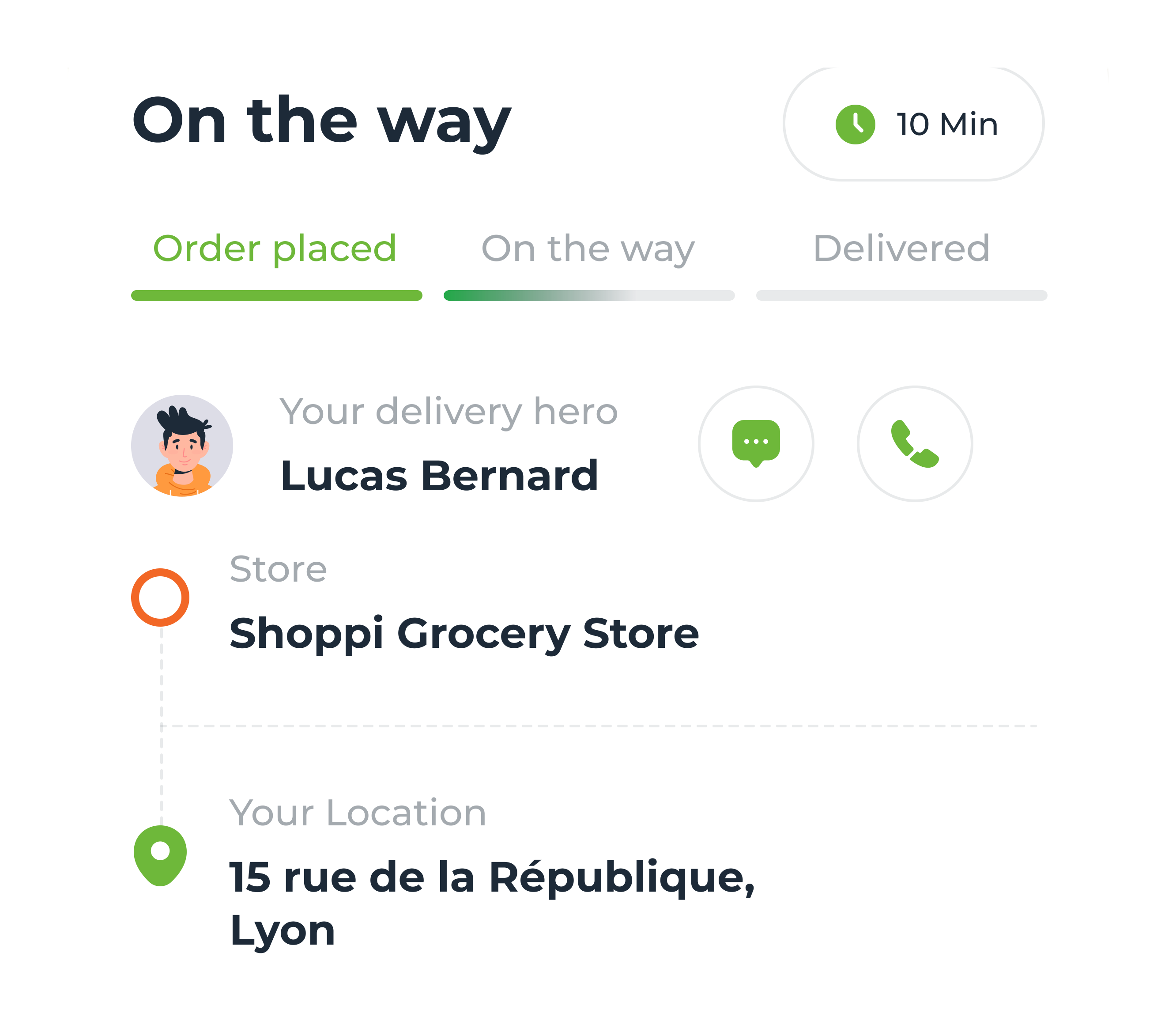 Tracking sheet: On the way, 10 min; stages Order placed, On the way, Delivered; your delivery hero Lucas Bernard with chat and call buttons; store Shoppi Grocery Store; your location 15 rue de la République, Lyon