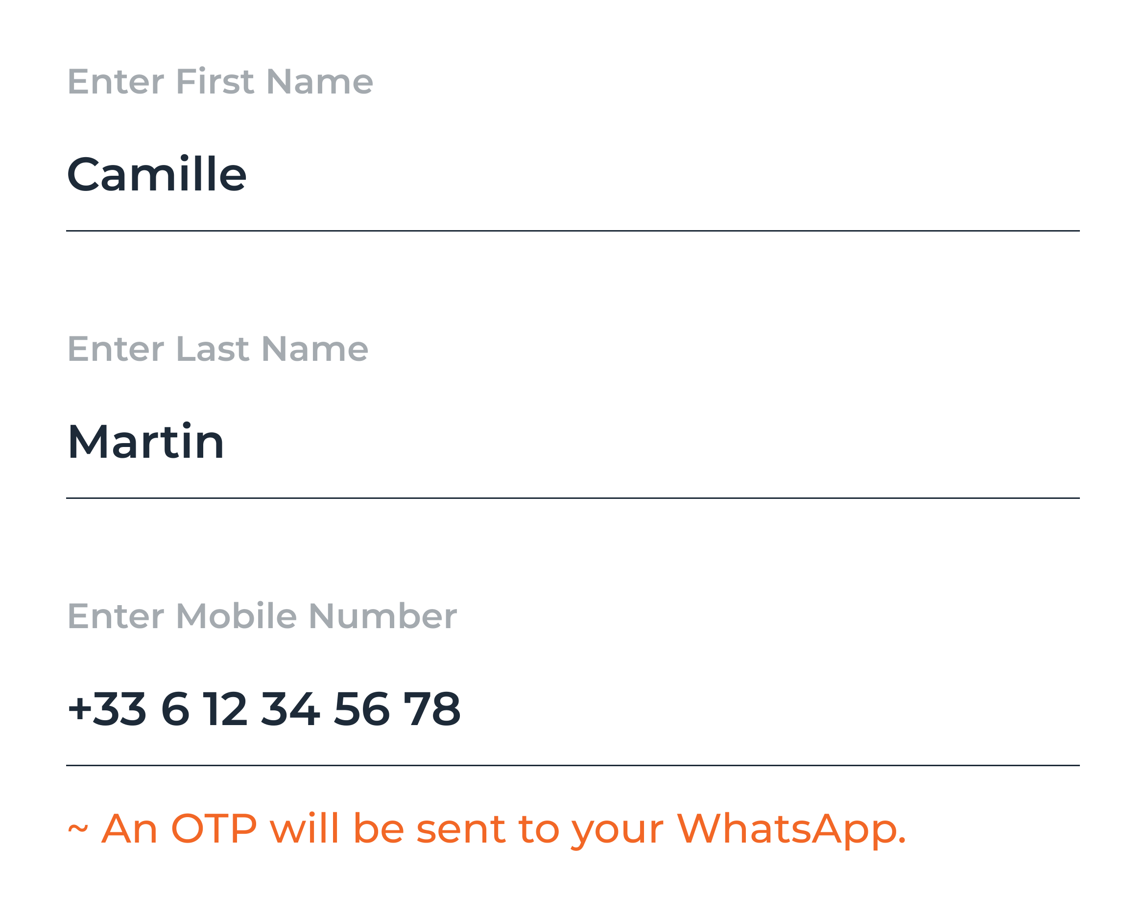 Sign-up fields: first name Camille, last name Martin, mobile +33 6 12 34 56 78, and an orange note: An OTP will be sent to your WhatsApp