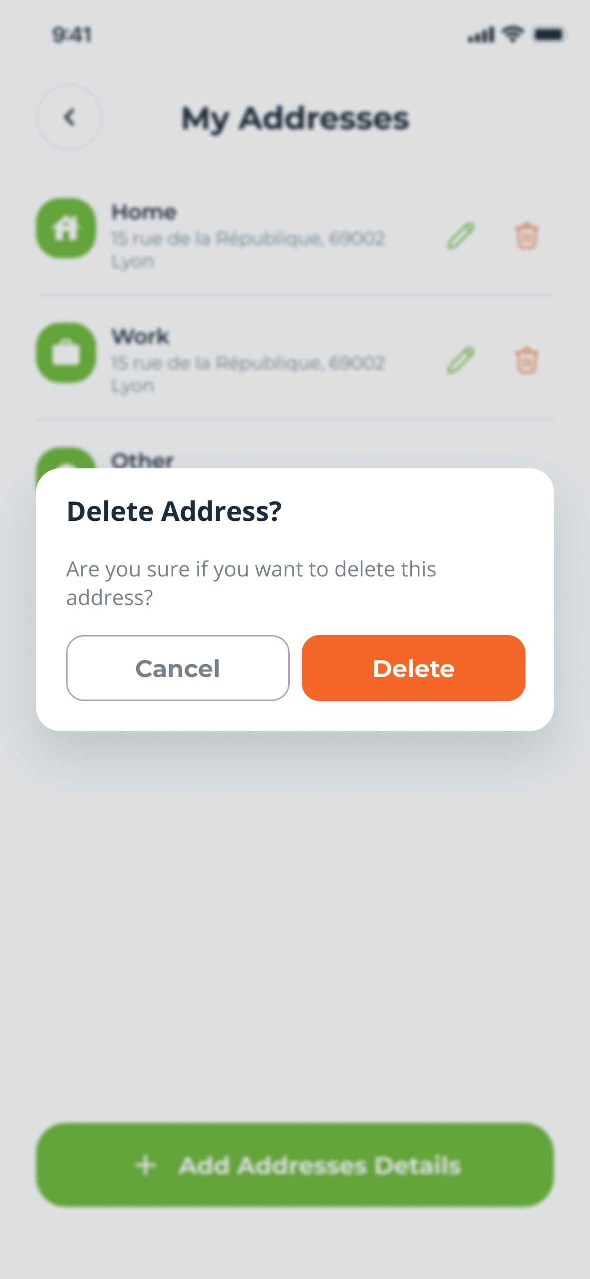 My Addresses with a Delete Address? dialog: Cancel and a red-orange Delete