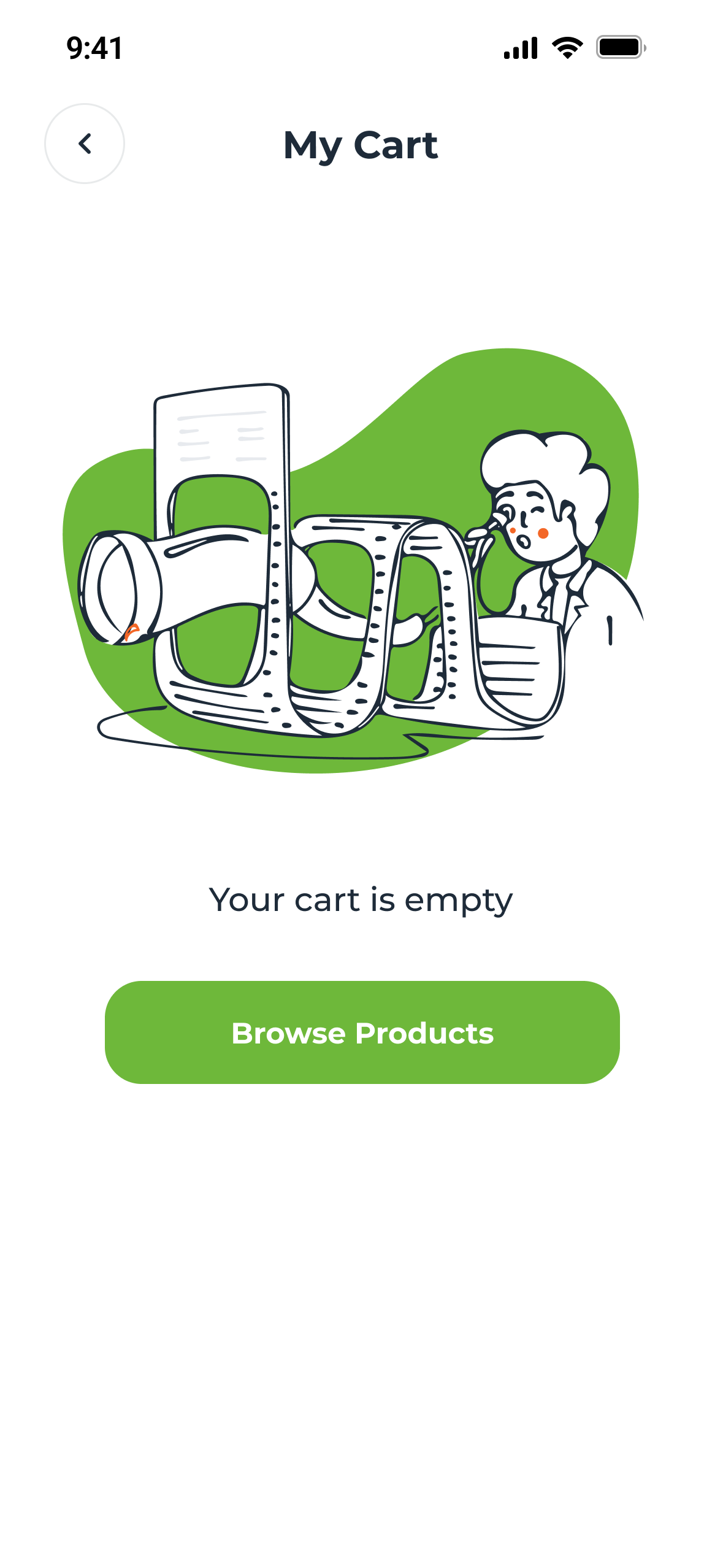 Empty cart: an illustration, Your cart is empty, and Browse Products