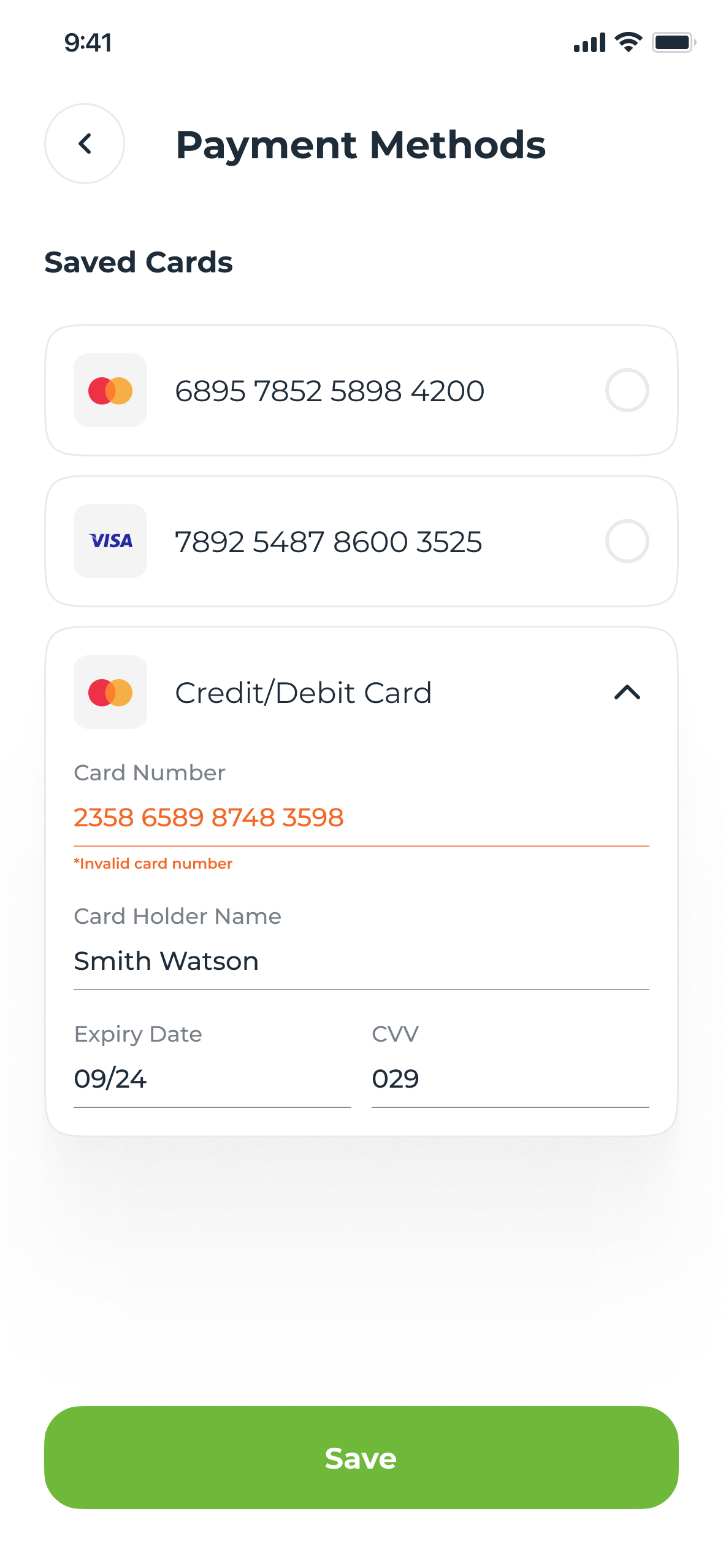 Add card with the card number in red and an error under it