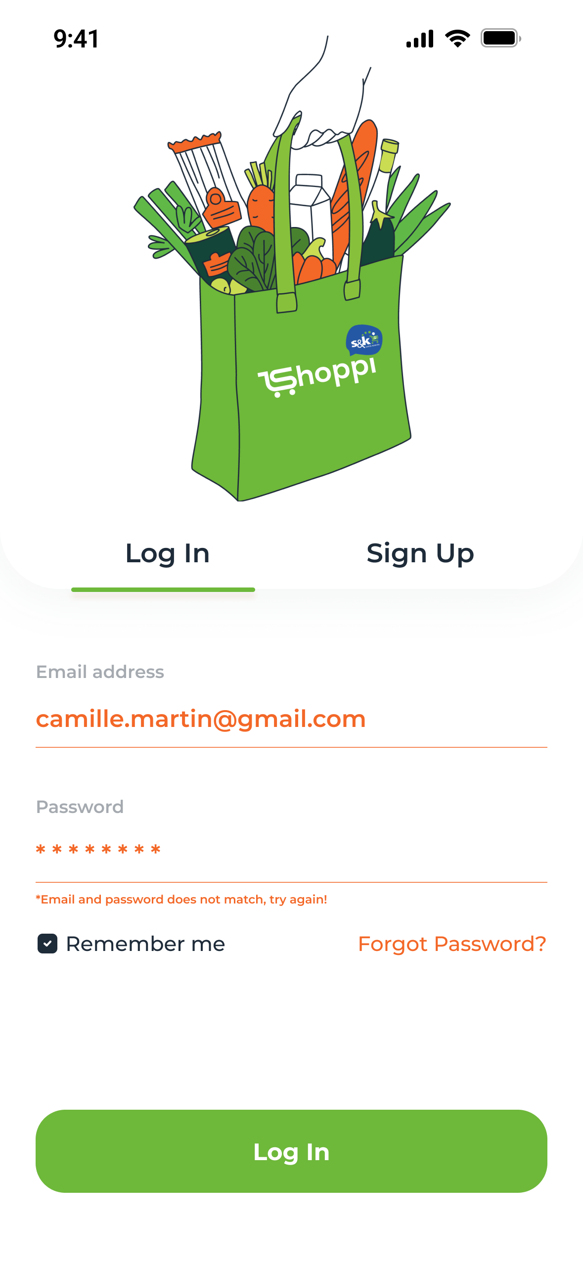 Log In with an error under the fields: the email and password don't match