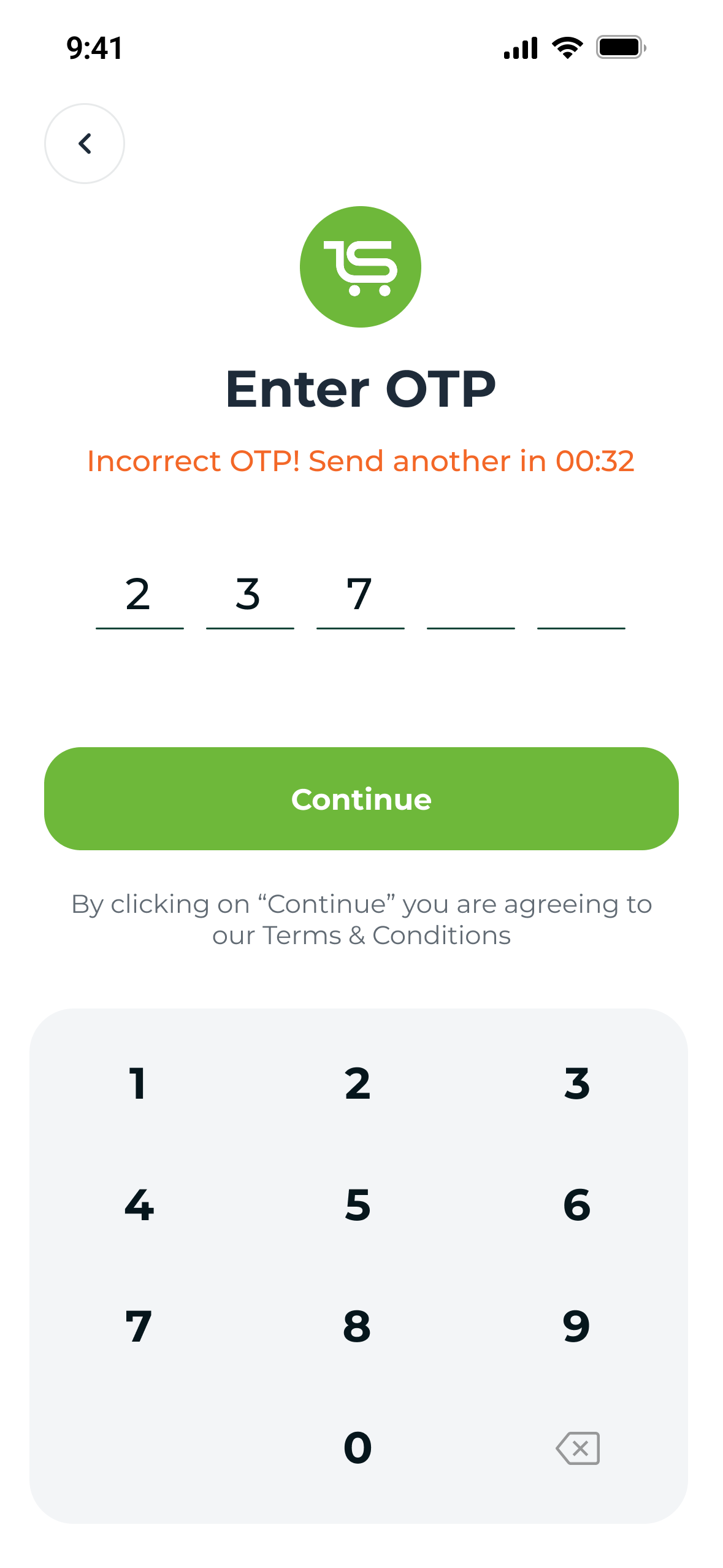 Enter OTP with an error in red: Incorrect OTP! Send another in 00:32, above a numeric keypad