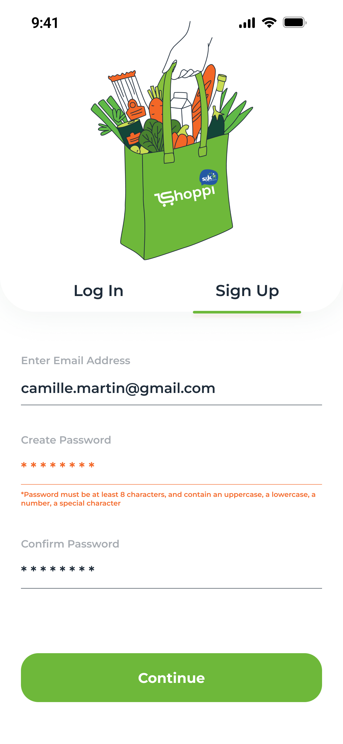 Sign Up with the password rules shown in red under the field