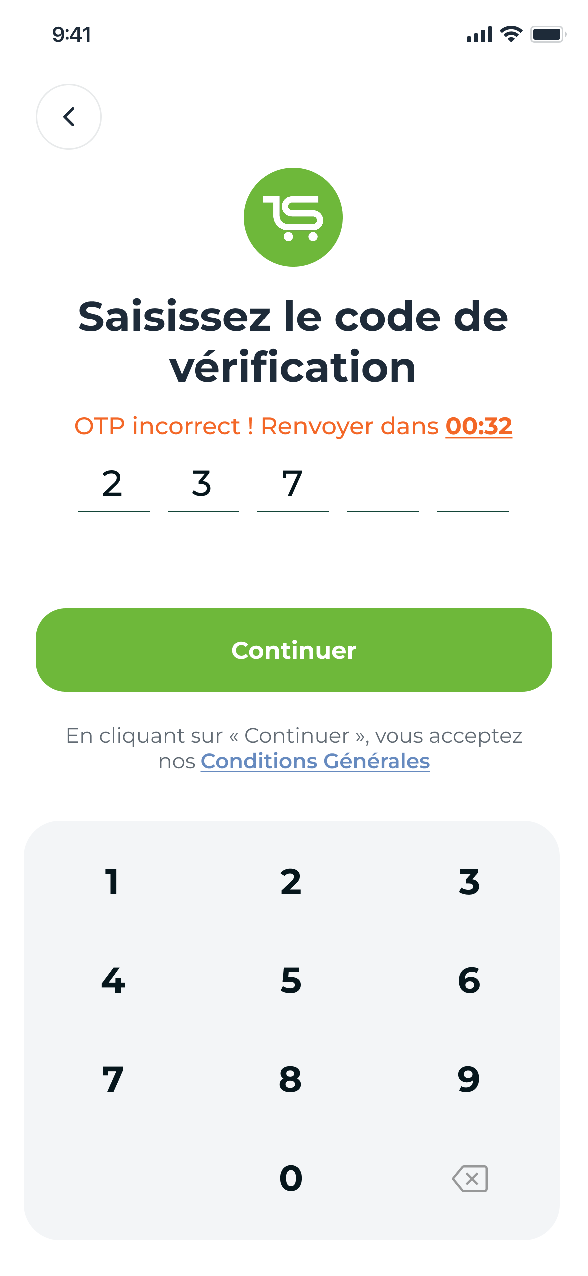 The same error in French: Saisissez le code de vérification, OTP incorrect, renvoyer dans 00:32