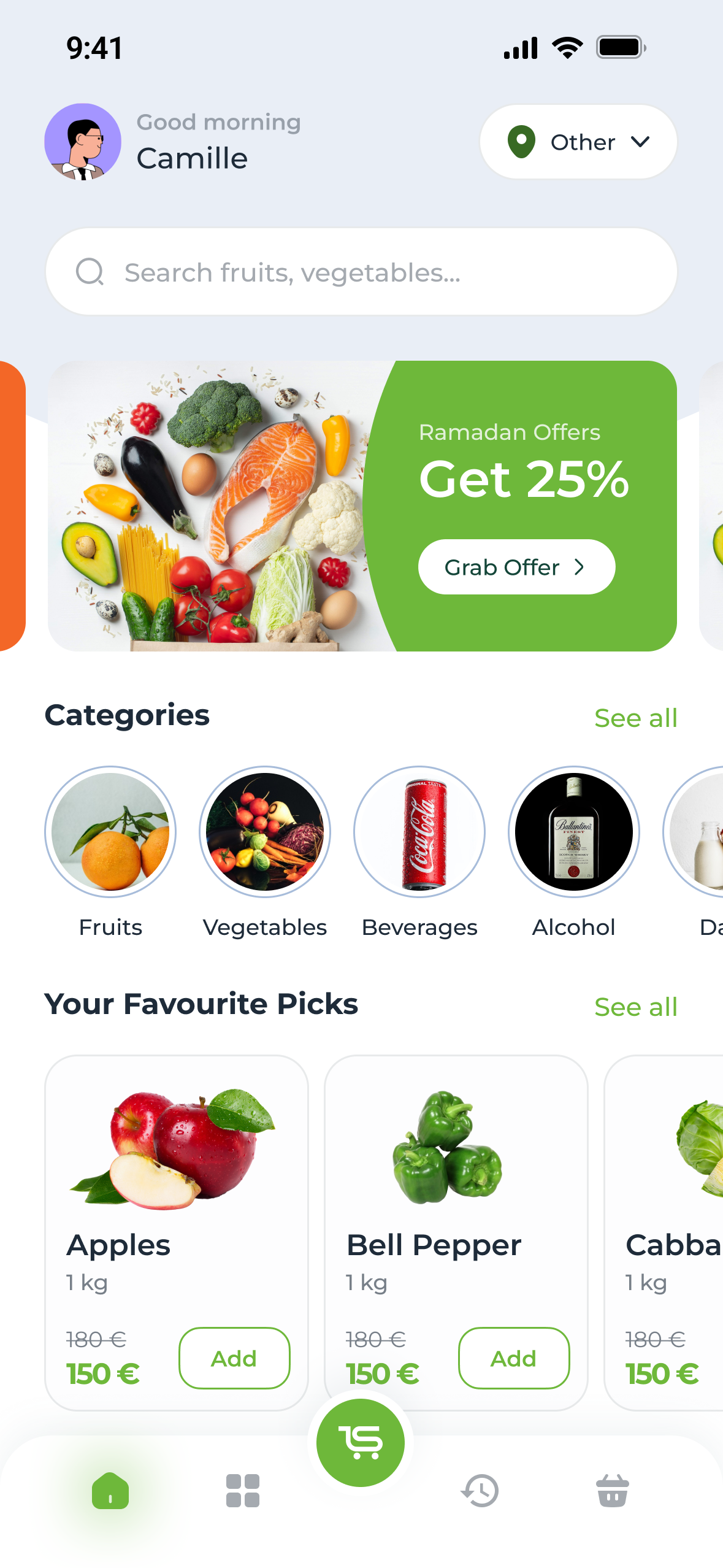 Shoppi home: Good morning, Camille, a search field, a Get 25% offer banner, round category photos and Your Favourite Picks with prices and Add buttons
