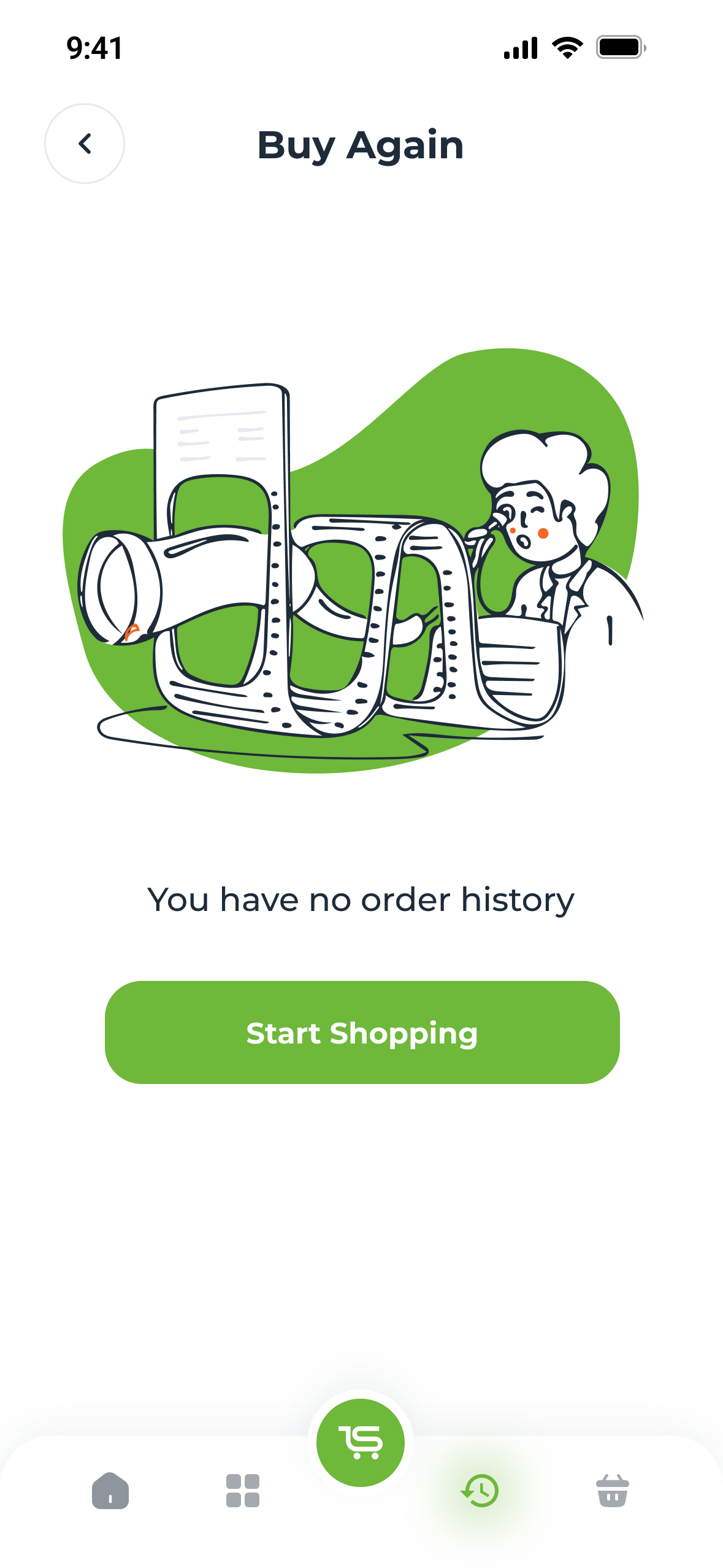 Buy Again with no history: an illustration, You have no order history, and Start Shopping
