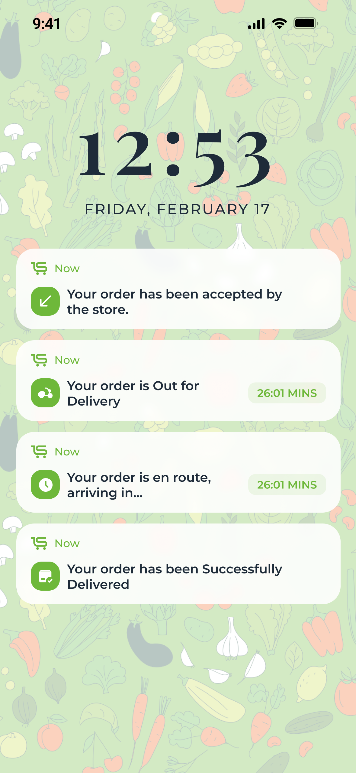 Lock screen notifications: accepted by the store, out for delivery, en route, delivered