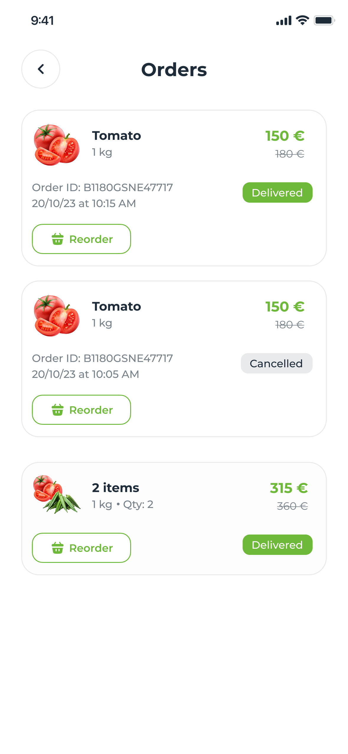 Orders: past orders with their IDs and dates, one Cancelled, each with Reorder