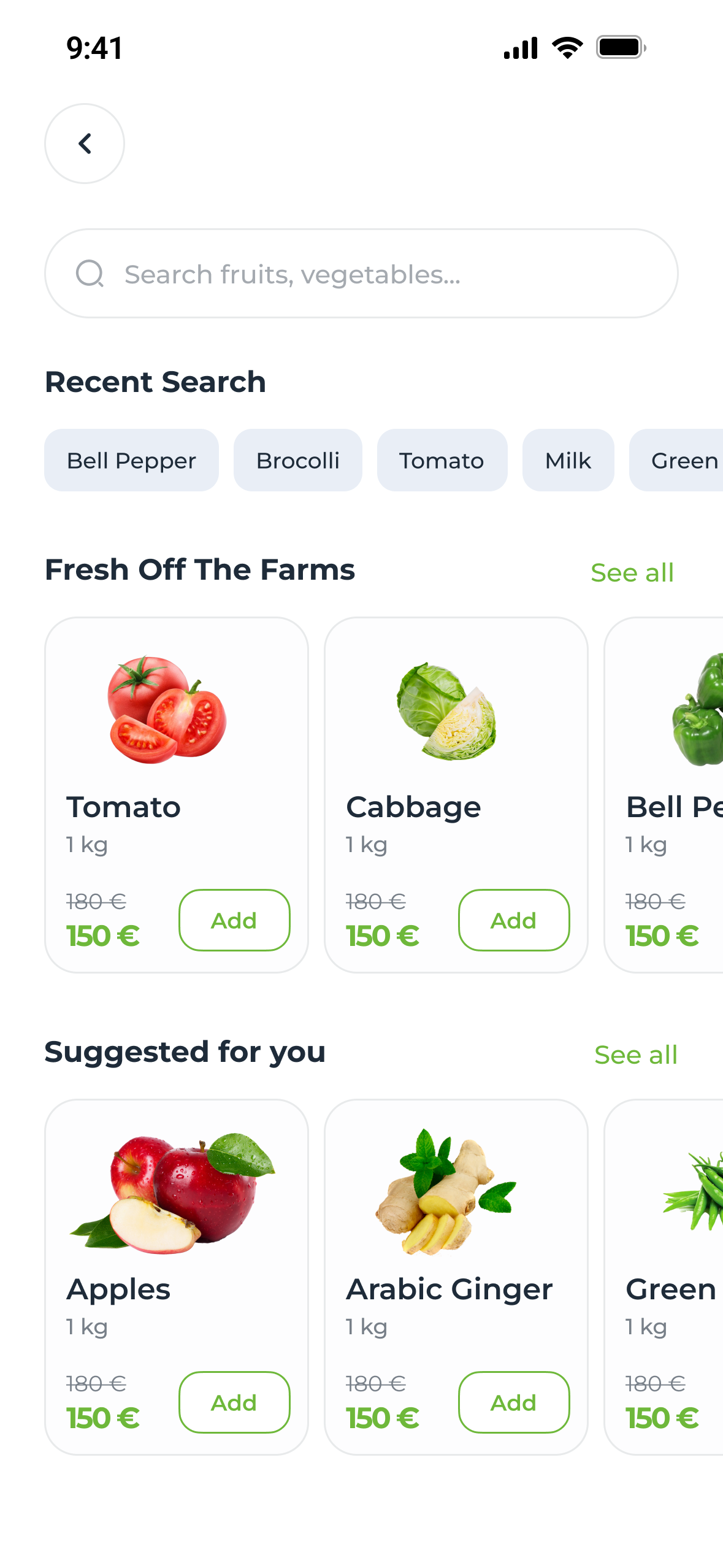 Search: recent searches as chips, then Fresh Off The Farms and Suggested for you