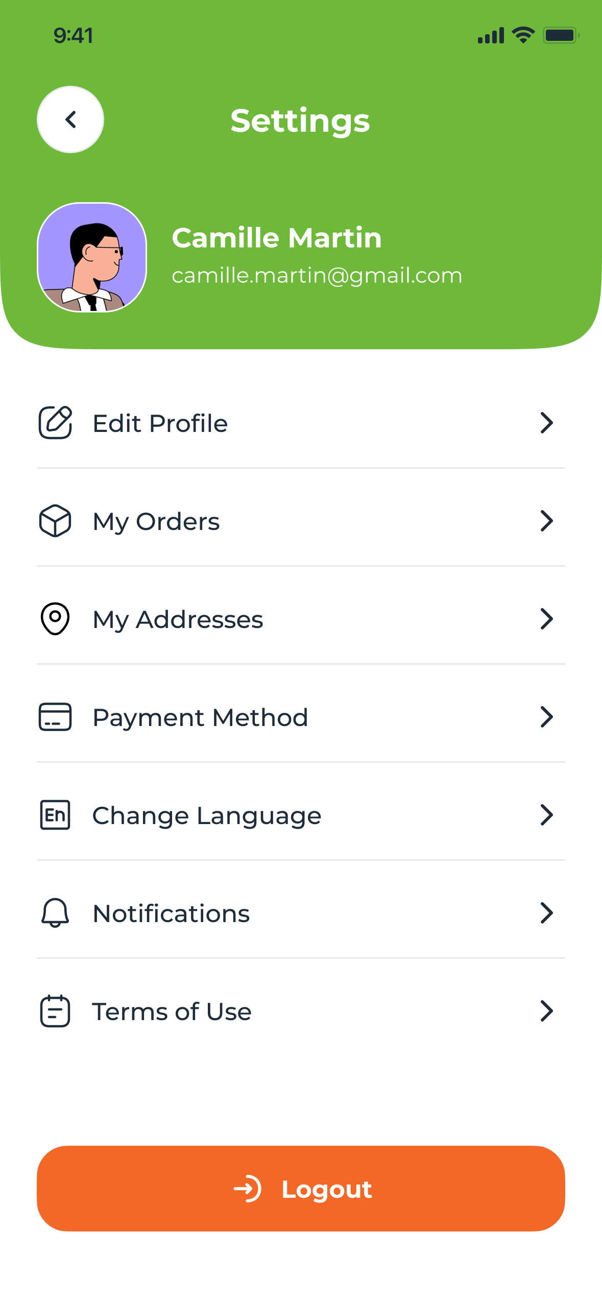 Settings: profile, then Edit Profile, My Orders, My Addresses, Payment Method, Change Language, Notifications, Terms of Use, and an orange Logout