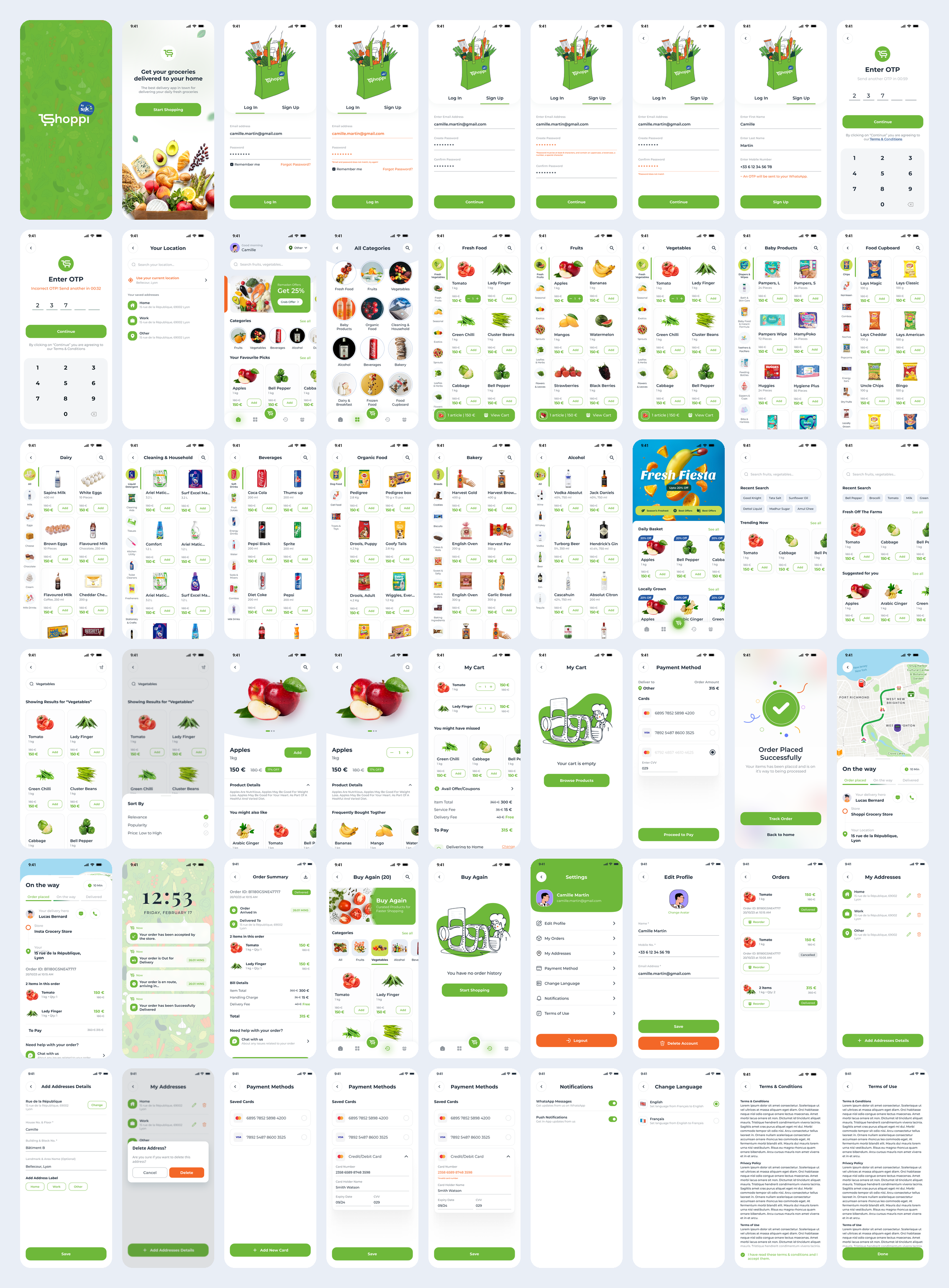 All 54 English screens on one board, from the splash screen to terms of service